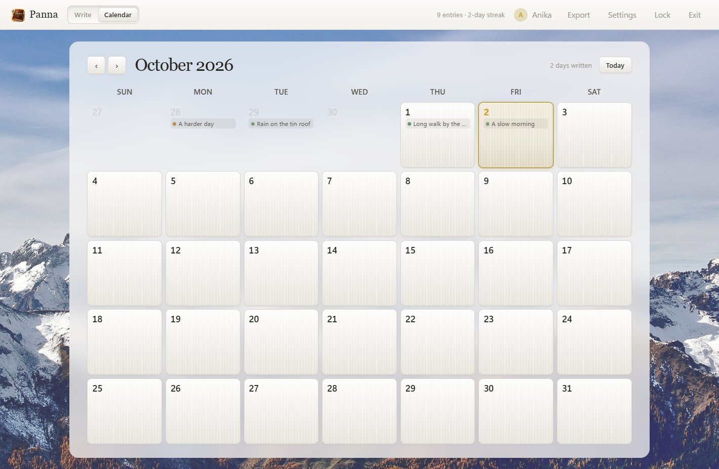 The calendar view for one month, with the titles of entries shown on the days they were written.