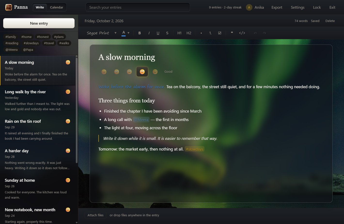 Panna in its dark theme, the entry shown on a translucent page over a photograph of the northern lights.