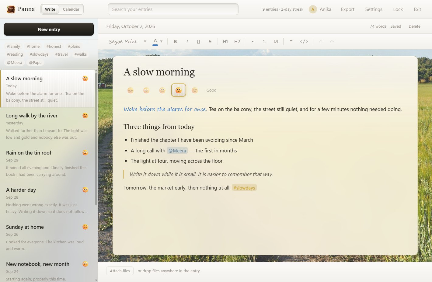 Panna open on a diary entry titled “A slow morning”, with a list of earlier entries on the left and a photograph of a field behind the page.